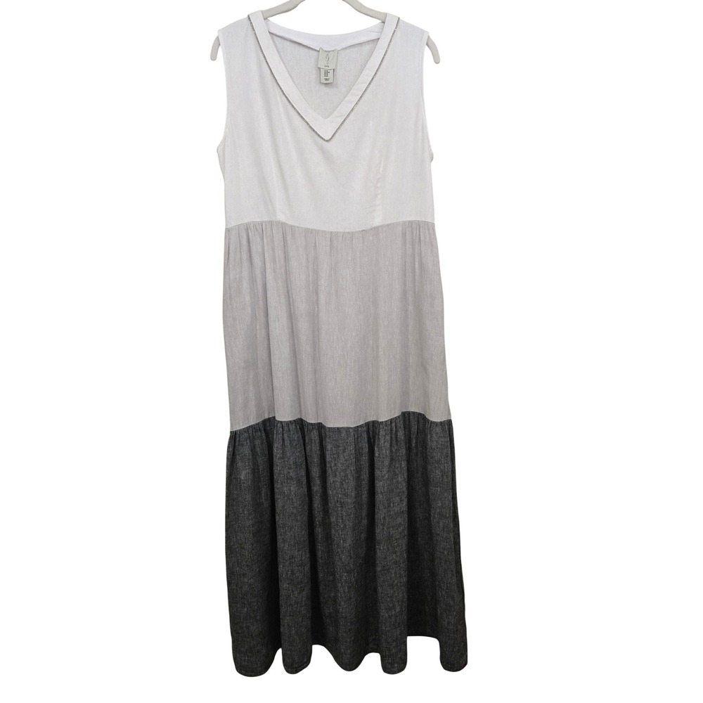 Joie Womens M Chic Linen Blend Colorblock Tiered Maxi Dress V-Neck Metallic Trim